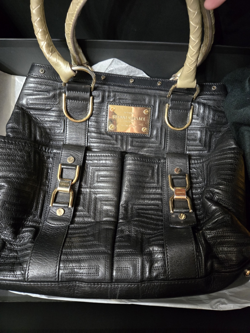 Vintage Versace Couture Black Quilted Leather Tote with Gold Hardware